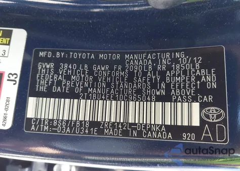 2013 Toyota Corolla Le из США, поврежденный, VIN 2T1BU4EE1DC965048